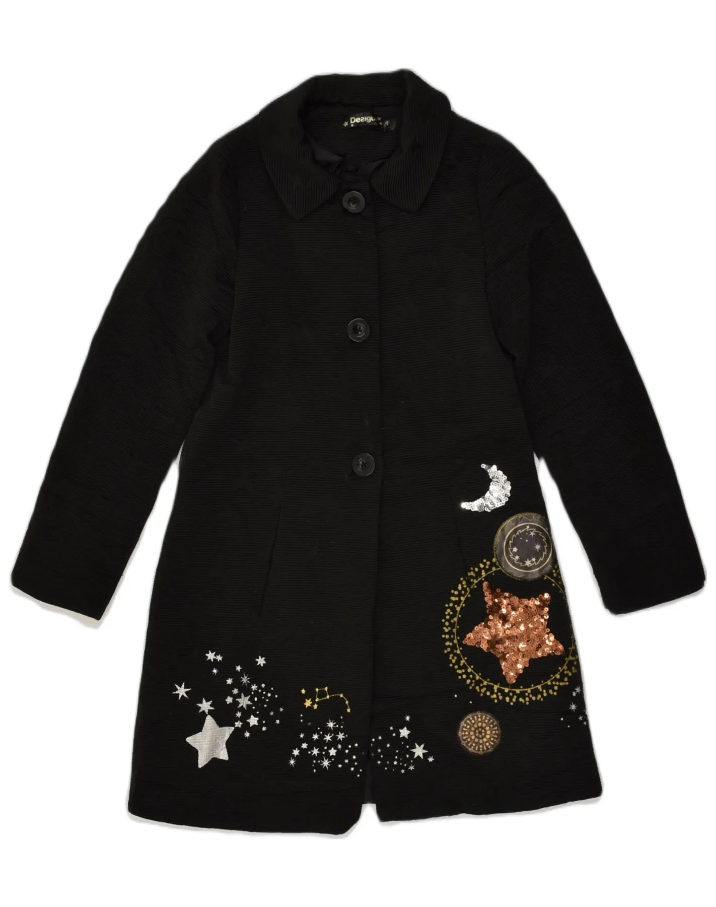 DESIGUAL Girls Overcoat 13-14 Years Black Geometric Cotton