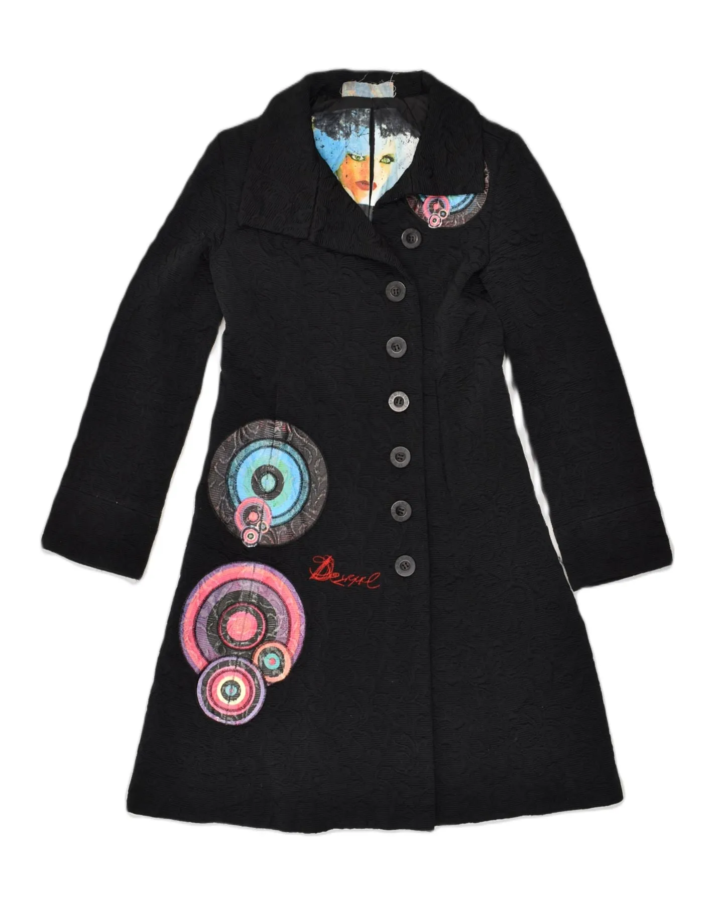 DESIGUAL Womens Graphic Overcoat EU 38 Medium Black Patchwork Cotton