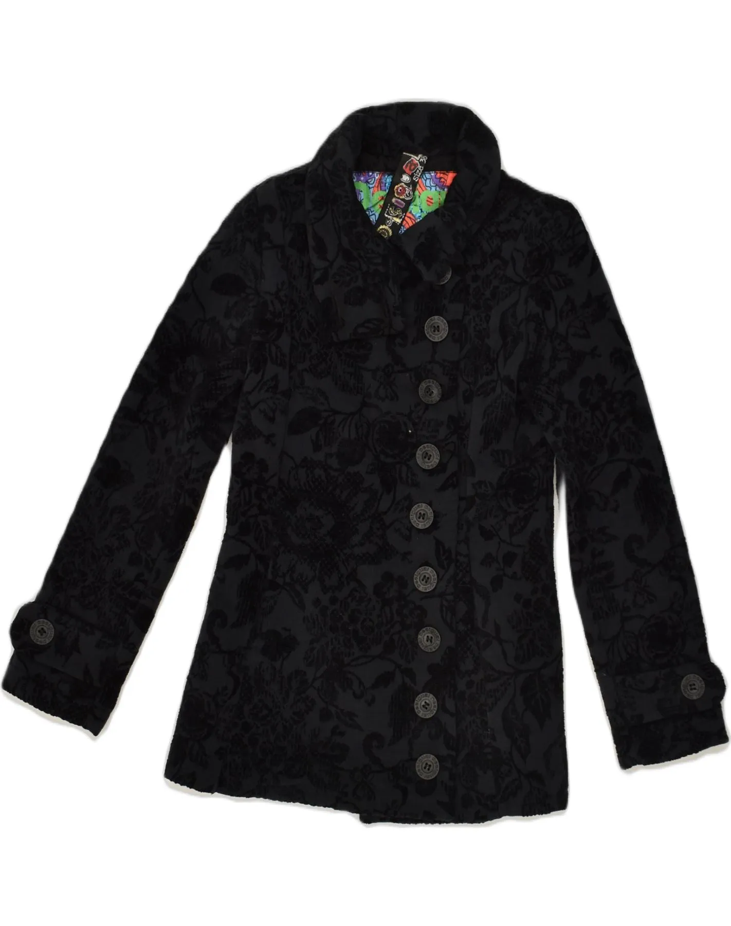 DESIGUAL Womens Overcoat EU 38 Medium Black Floral Cotton