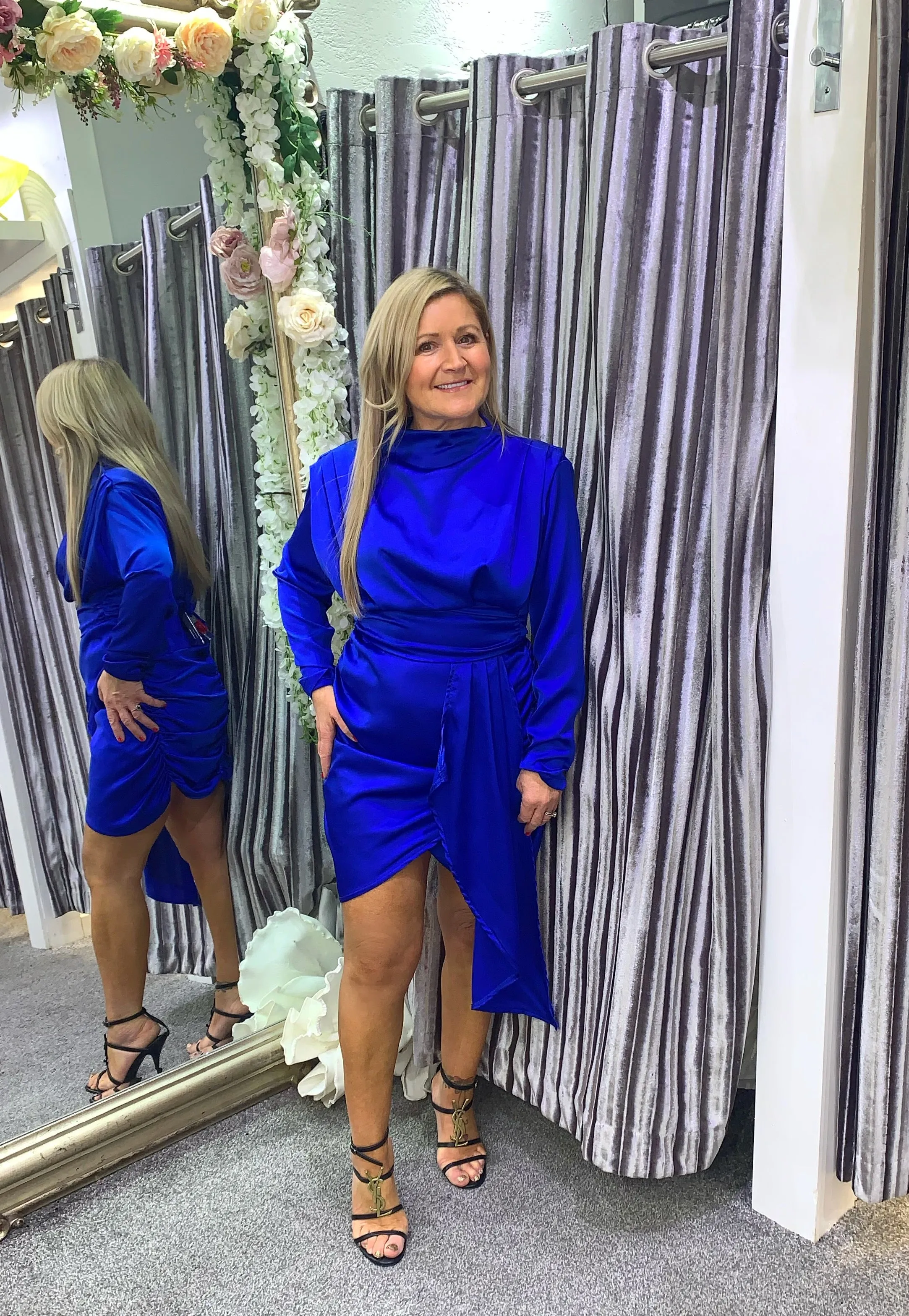 Don’t ‘give a glam’ long sleeve satin ruched mini dress - royal blue