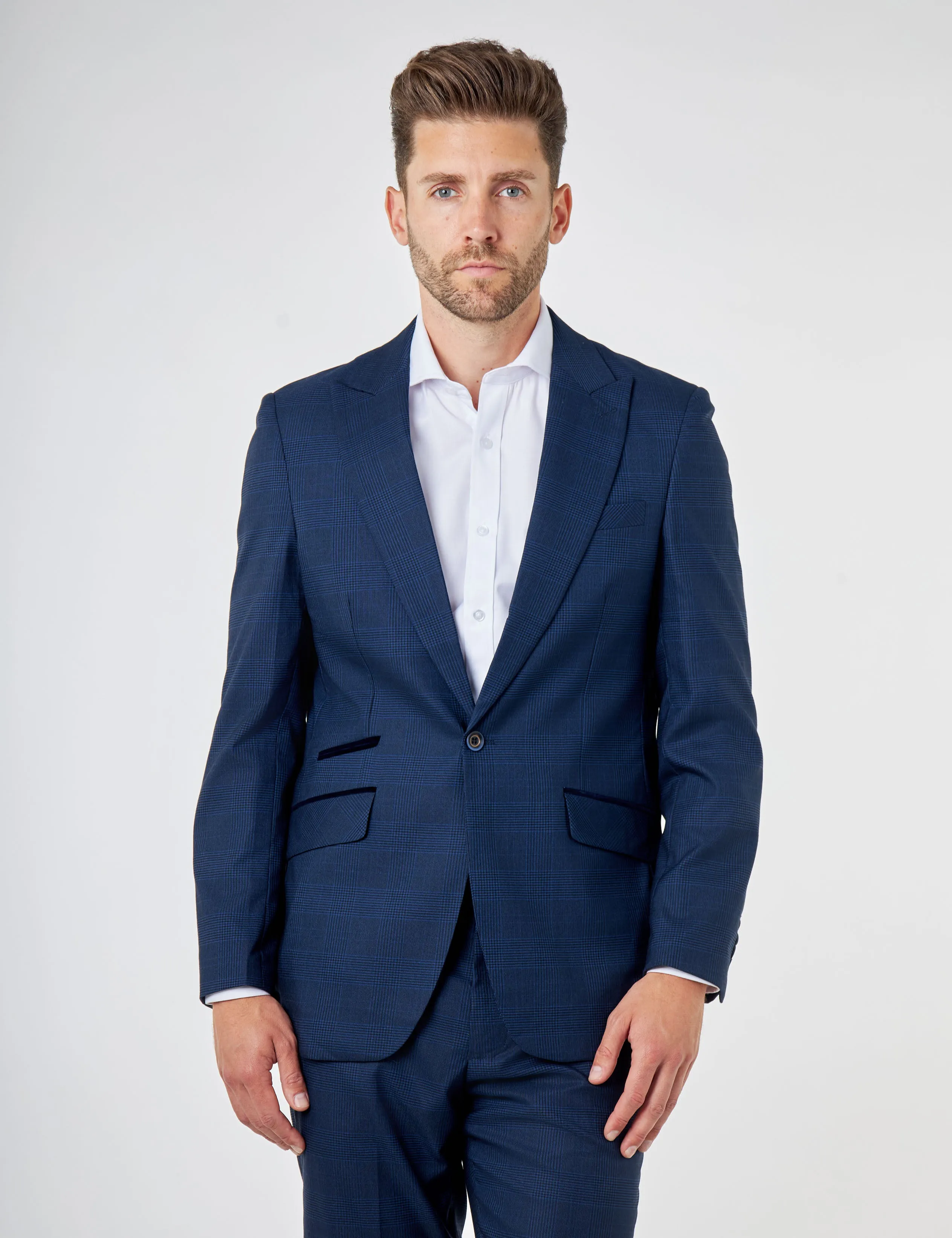 EKON – Navy Blue Prince of Wales Check Tailored Suit Jacket