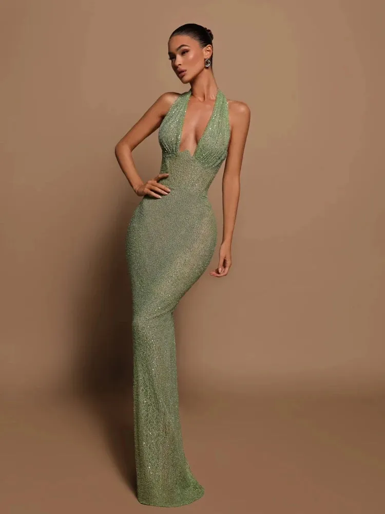 Elegant Halter sleeveless backless mermaid tail gown sequins Maxi Dress