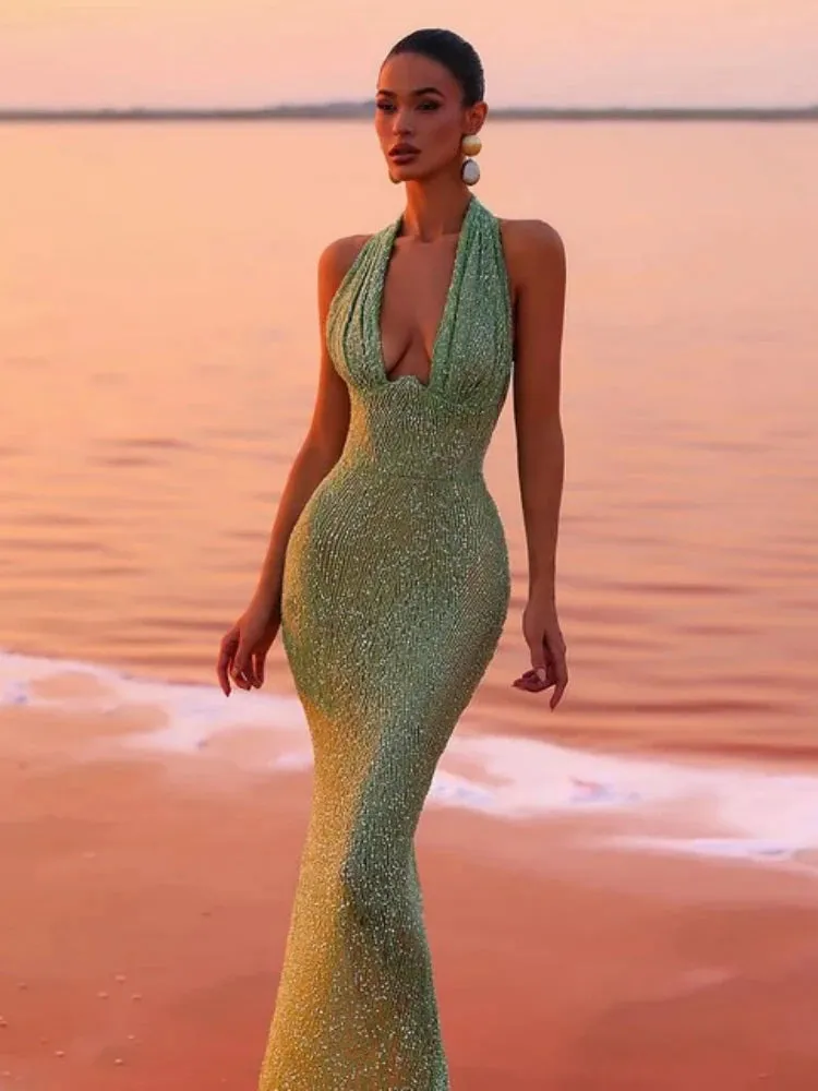 Elegant Halter sleeveless backless mermaid tail gown sequins Maxi Dress