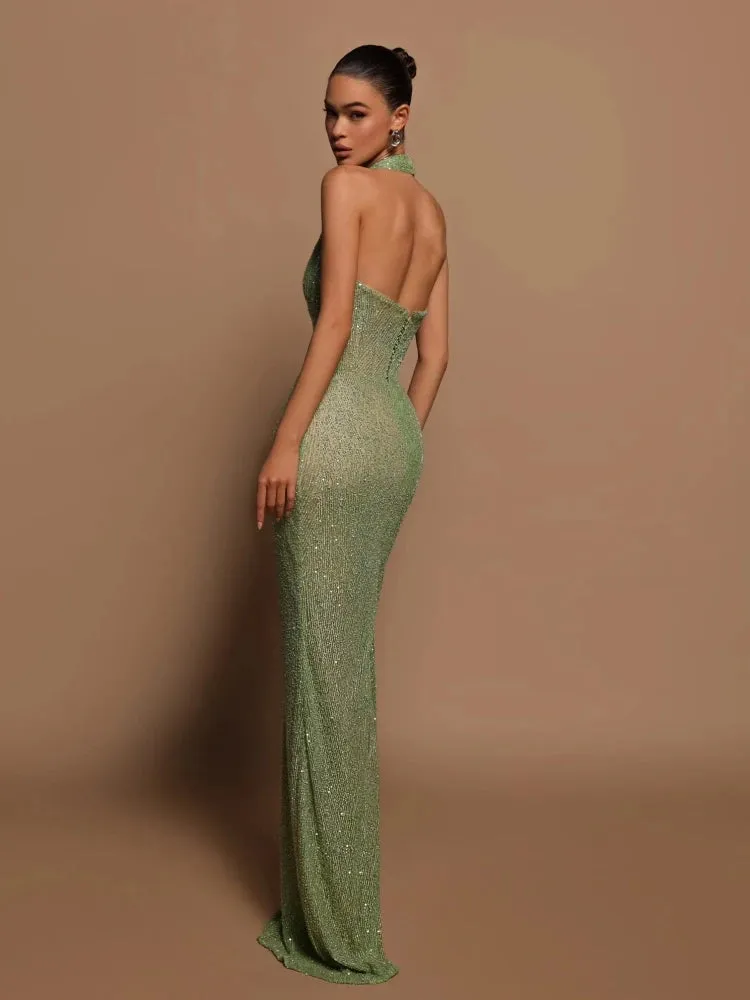 Elegant Halter sleeveless backless mermaid tail gown sequins Maxi Dress