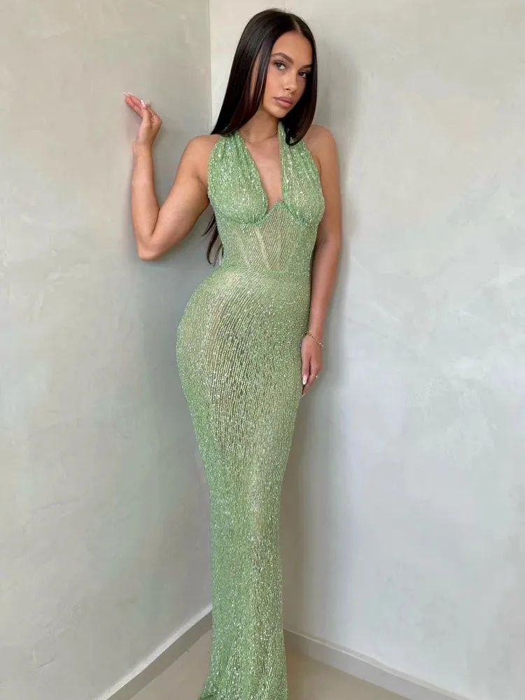 Elegant Halter sleeveless backless mermaid tail gown sequins Maxi Dress