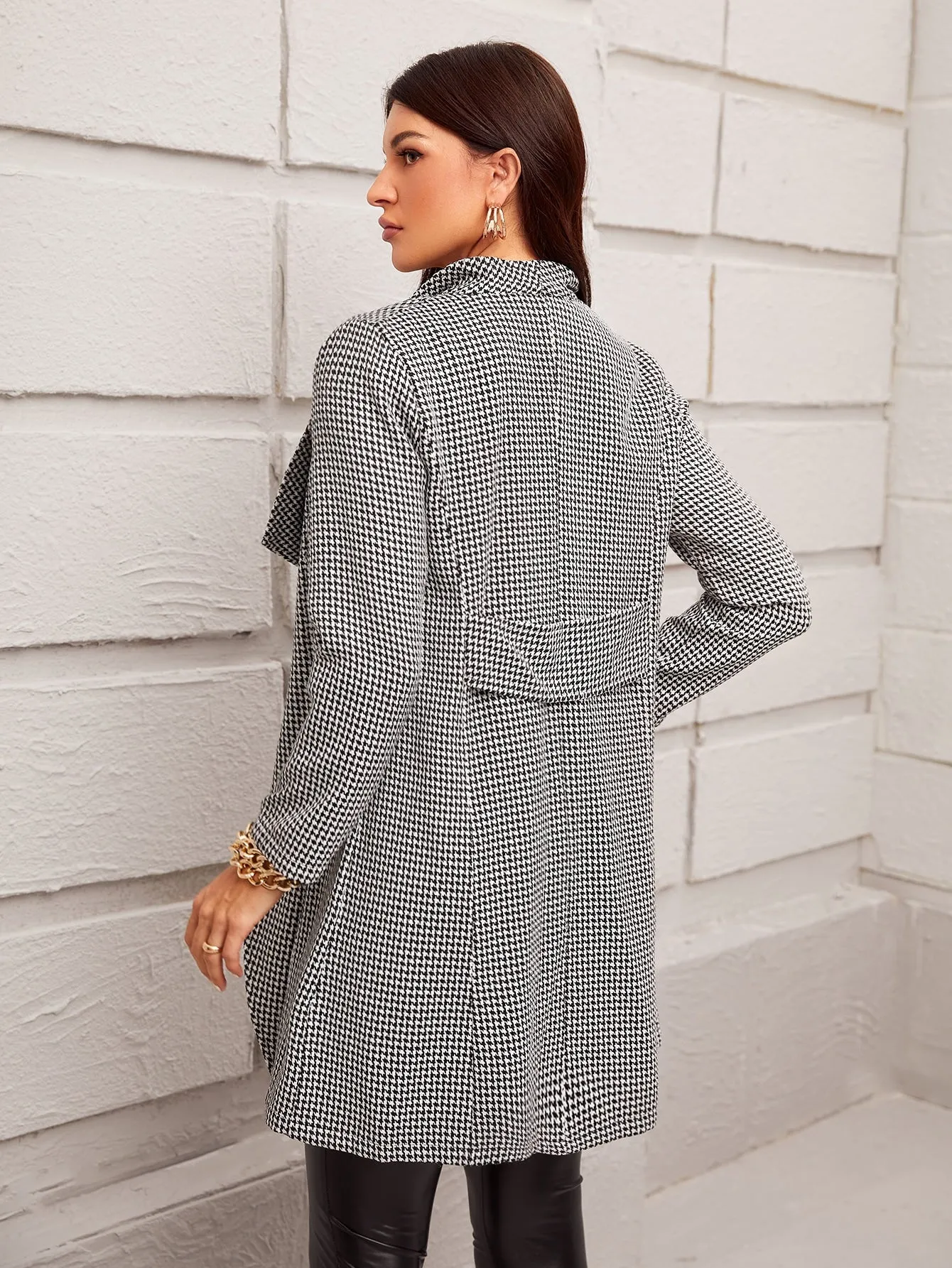 Elegant Houndstooth Long Sleeve Waterfall Asymmetrical Short Women Overcoat