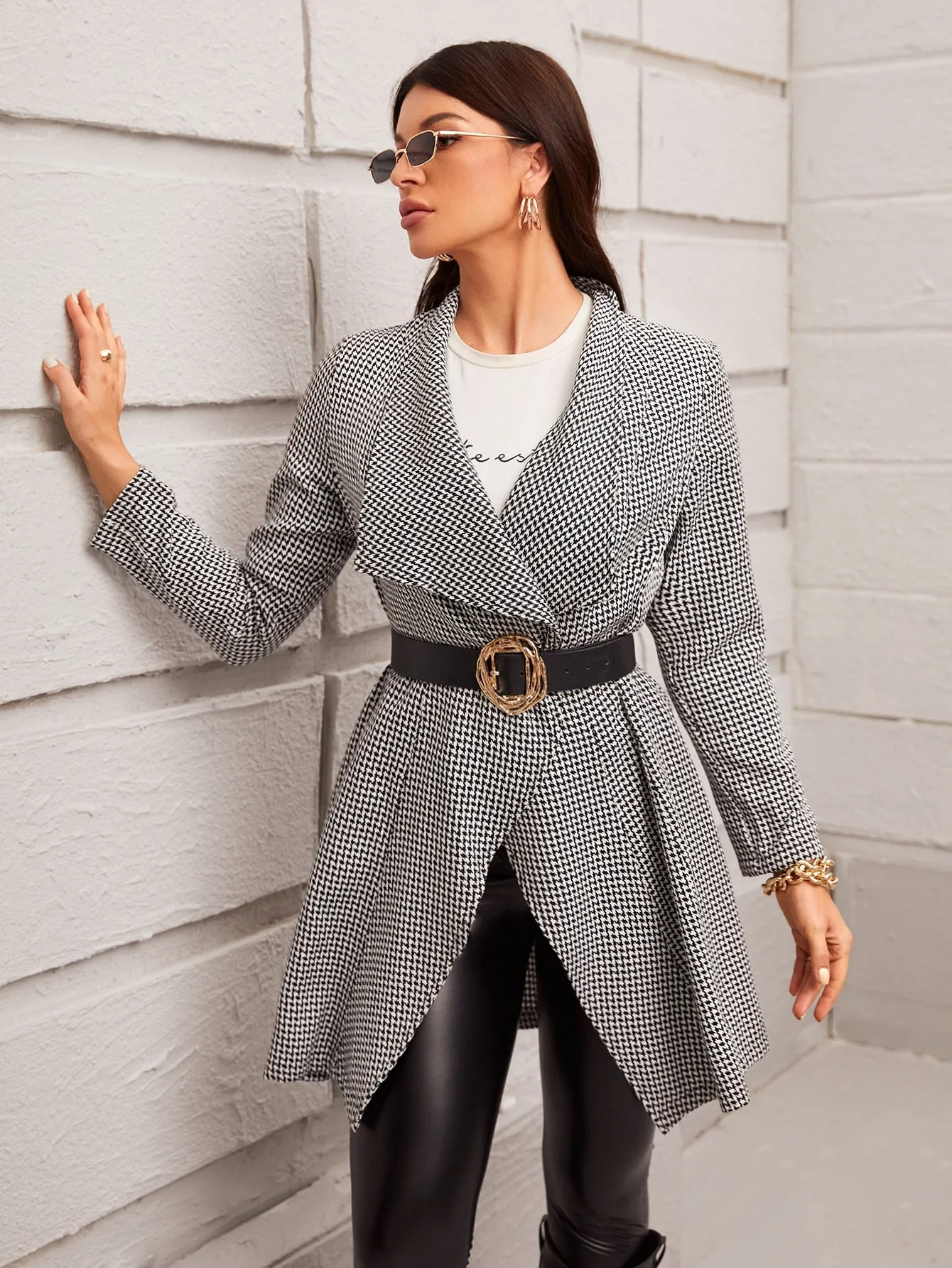 Elegant Houndstooth Long Sleeve Waterfall Asymmetrical Short Women Overcoat