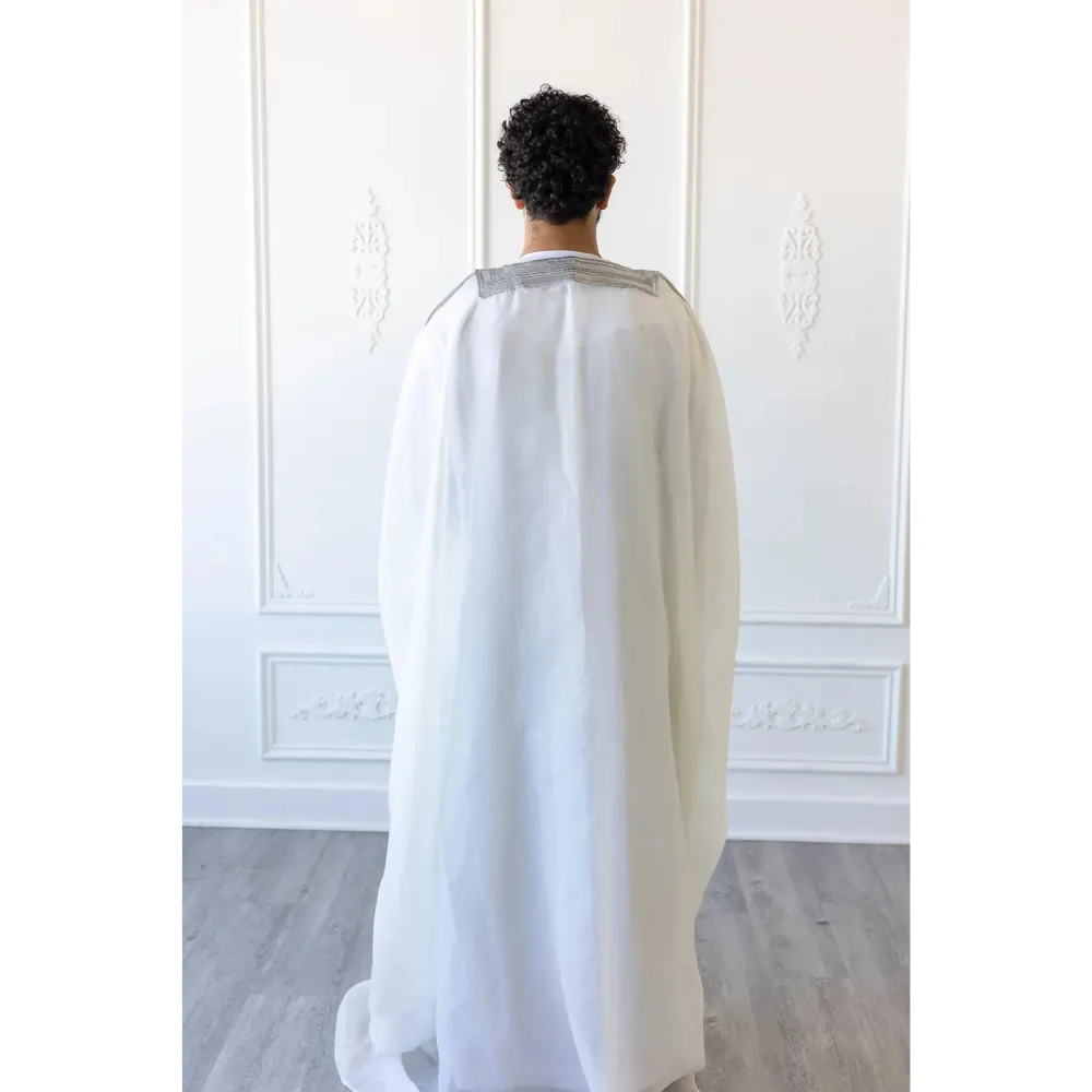 Embroidered Thobe Overcoat Arab Bisht Cloak Pure White on Silver