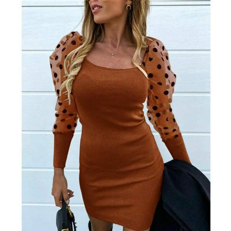 FashionSierra - Fashion Women's Ruffle Mesh Polka Dots Long Sleeve Bodycon Dress Autumn Ladies Evening Party Slim Fit Mini Dress