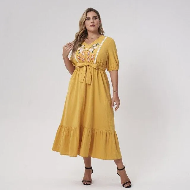 FashionSierra - New Summer Midi Dress Women Plus Size Yellow Loose Floral Embroidery Sashes Lace Ruffle Hem Half Sleeve Large Elegant Robes