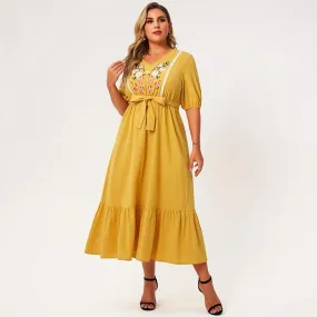 FashionSierra - New Summer Midi Dress Women Plus Size Yellow Loose Floral Embroidery Sashes Lace Ruffle Hem Half Sleeve Large Elegant Robes