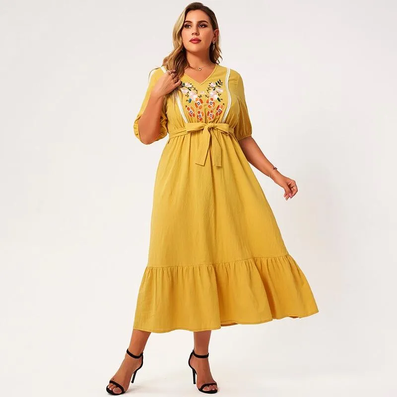 FashionSierra - New Summer Midi Dress Women Plus Size Yellow Loose Floral Embroidery Sashes Lace Ruffle Hem Half Sleeve Large Elegant Robes