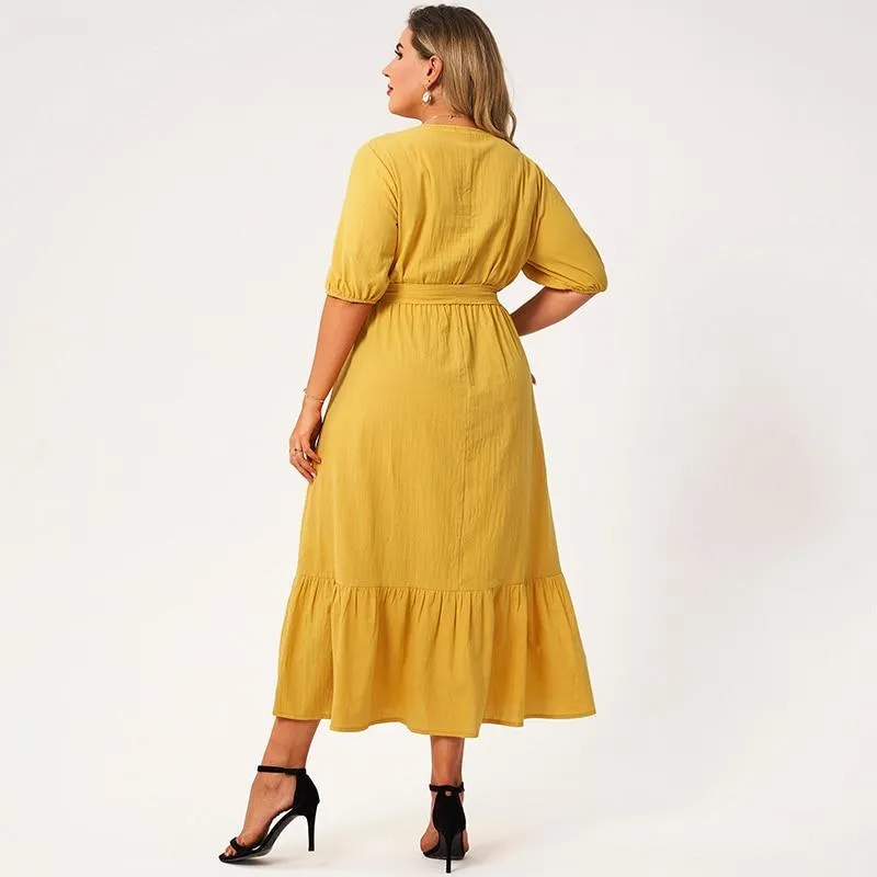 FashionSierra - New Summer Midi Dress Women Plus Size Yellow Loose Floral Embroidery Sashes Lace Ruffle Hem Half Sleeve Large Elegant Robes