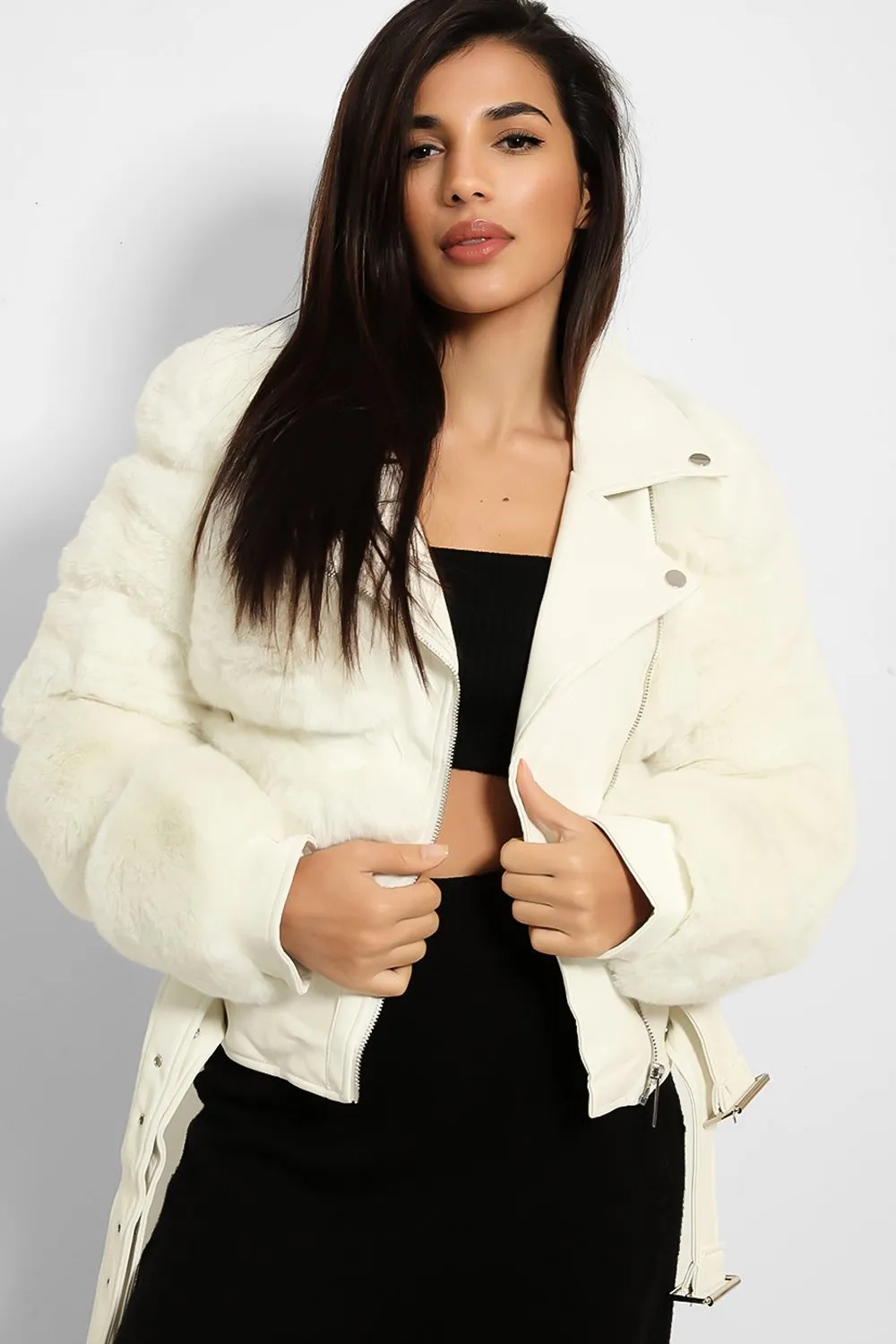 FAUX FUR BELTED LEATHER LOOK TRIM WHITE BIKER JACKET