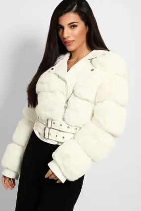 FAUX FUR BELTED LEATHER LOOK TRIM WHITE BIKER JACKET