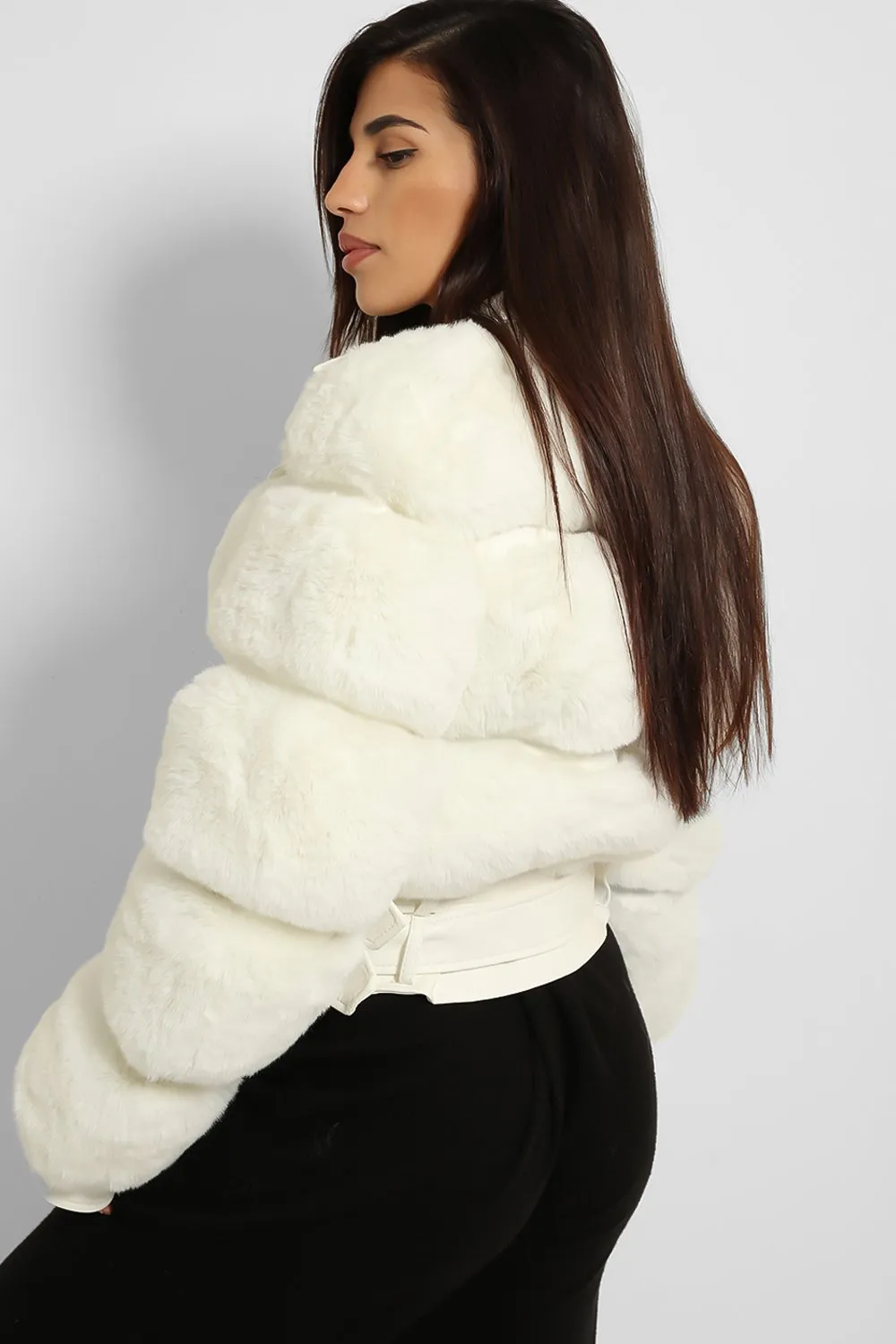 FAUX FUR BELTED LEATHER LOOK TRIM WHITE BIKER JACKET