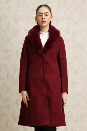 FAUX FUR COLLAR OVERCOAT-WINE