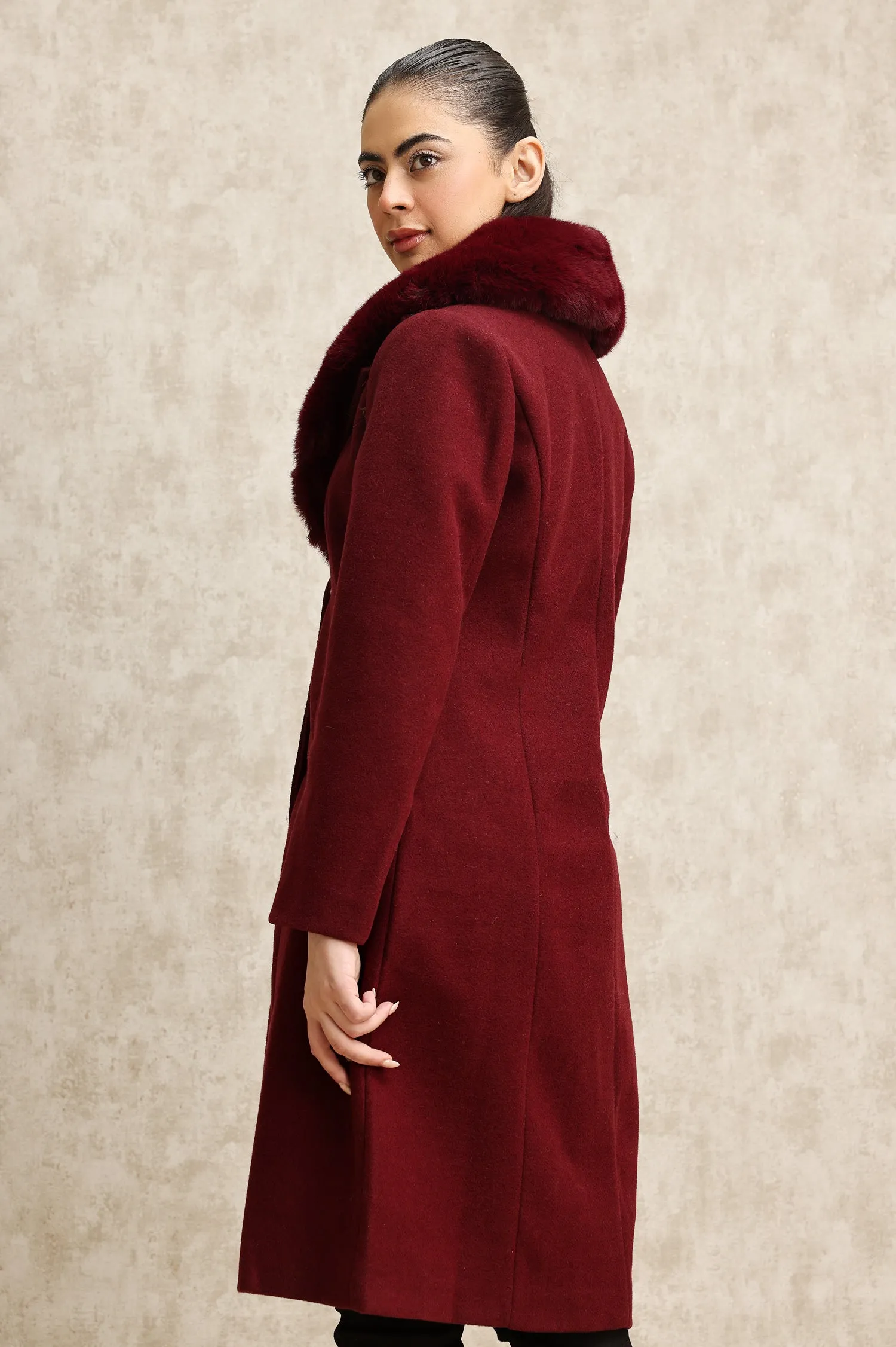 FAUX FUR COLLAR OVERCOAT-WINE