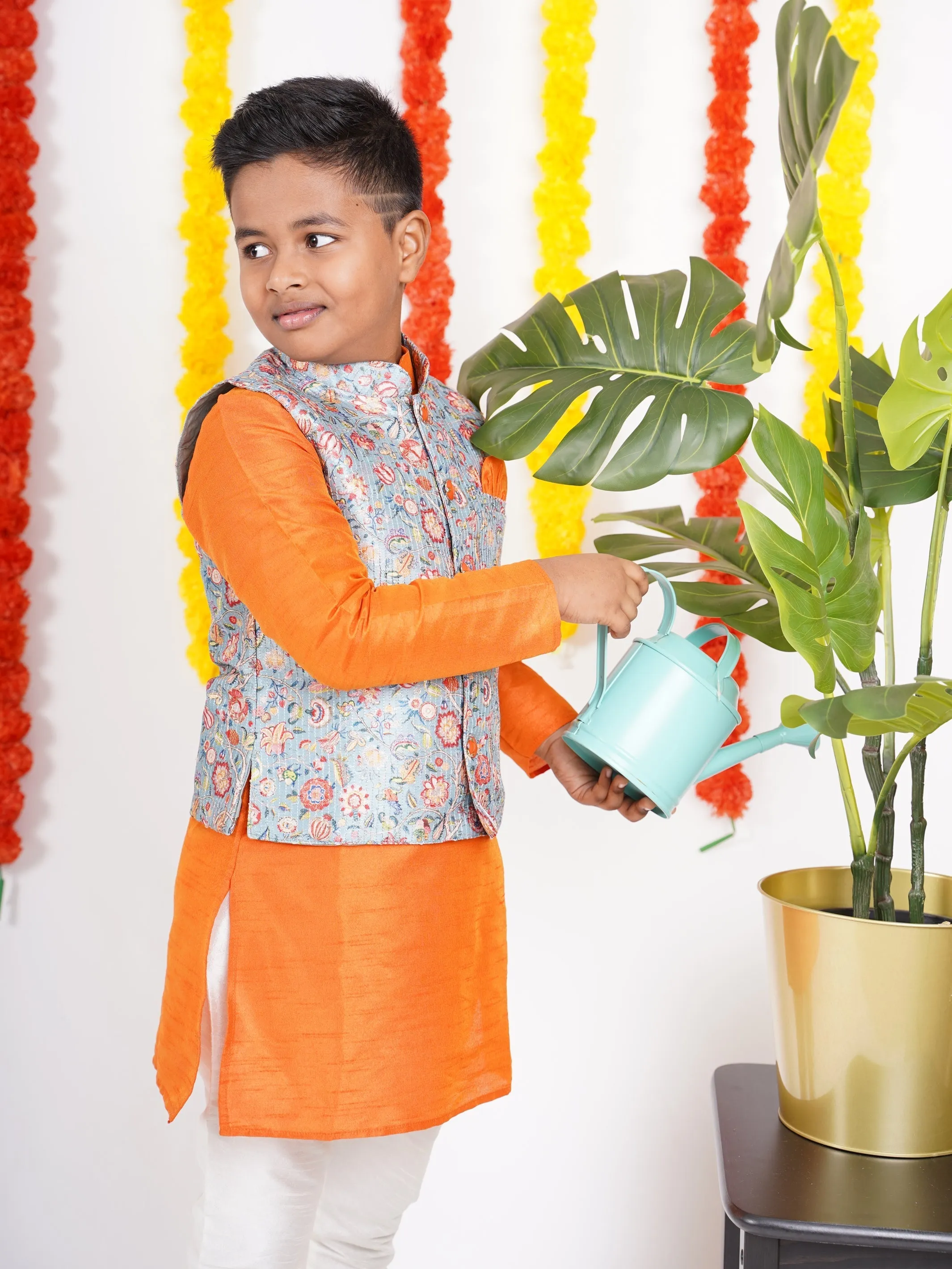 Fire Orange Kurta For Boys With Blue Floral Overcoat And Attached Pant