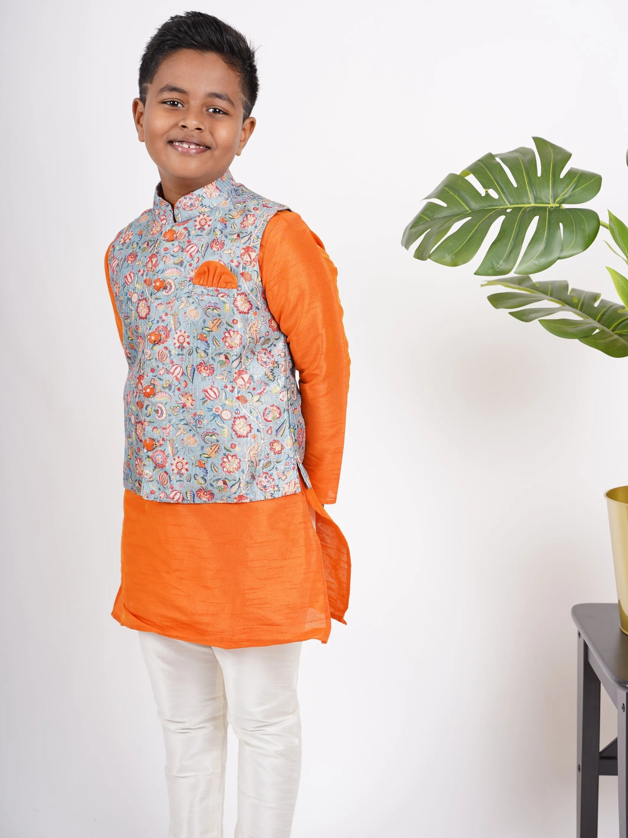 Fire Orange Kurta For Boys With Blue Floral Overcoat And Attached Pant