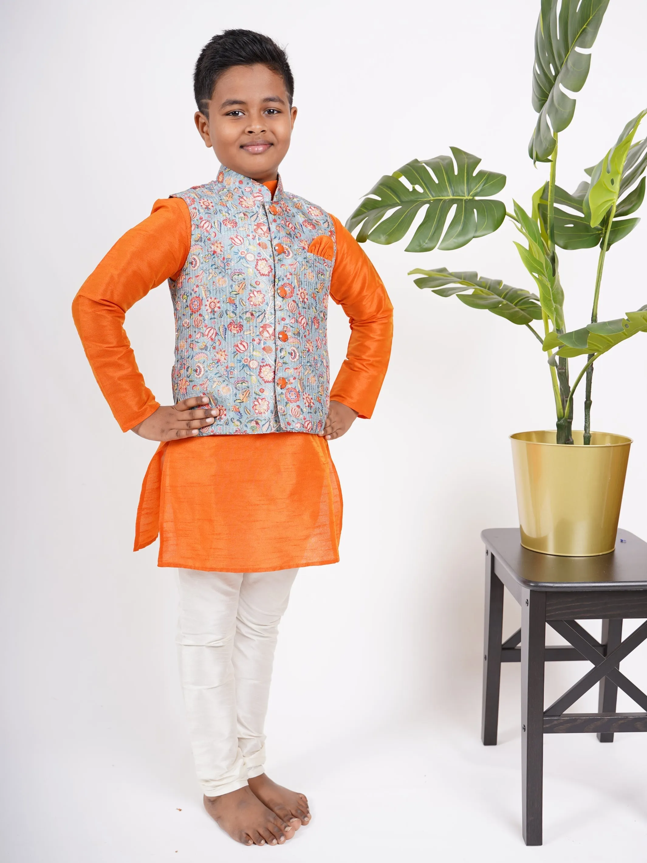 Fire Orange Kurta For Boys With Blue Floral Overcoat And Attached Pant