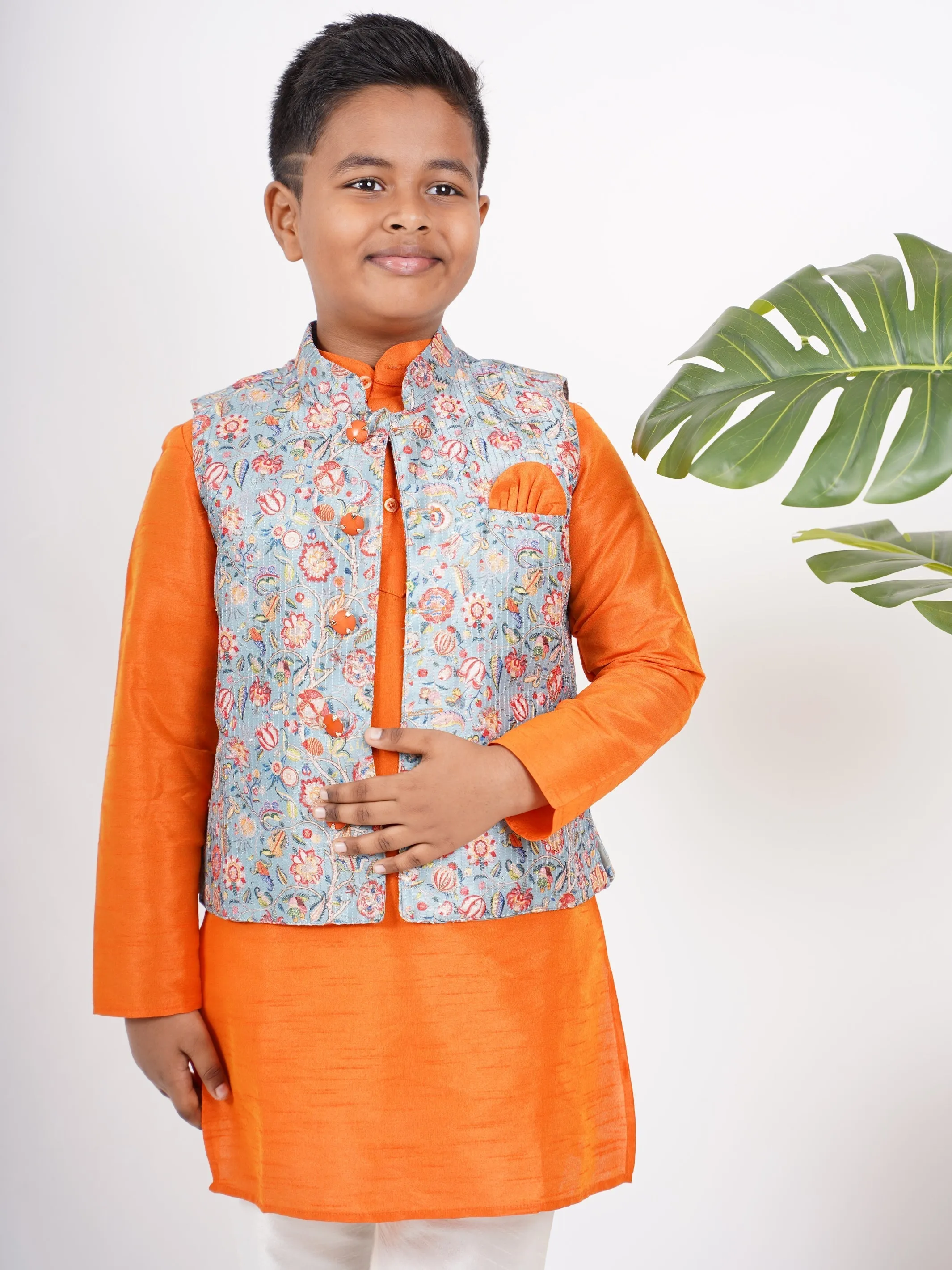 Fire Orange Kurta For Boys With Blue Floral Overcoat And Attached Pant