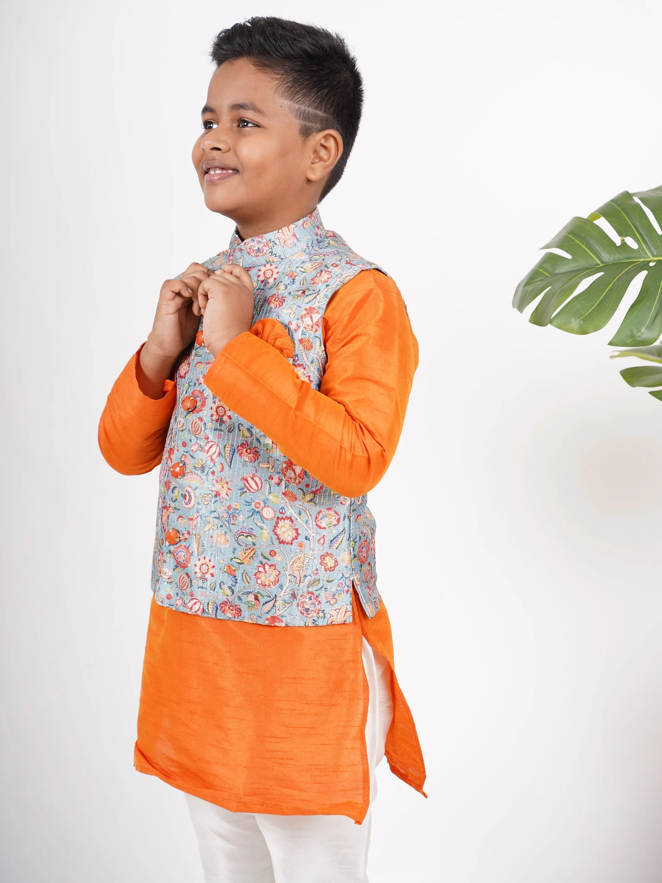 Fire Orange Kurta For Boys With Blue Floral Overcoat And Attached Pant