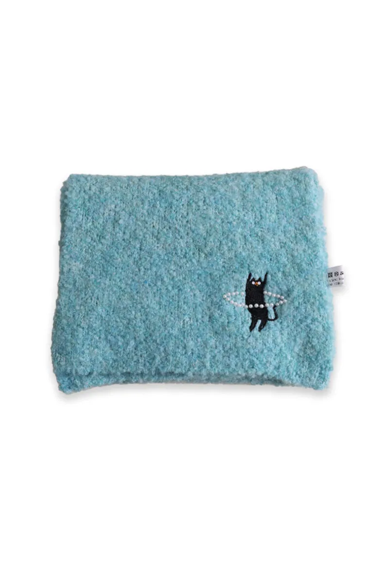 Fluffy Handmade Wool Blend Boucle Knitted Scarf with Cute Cat