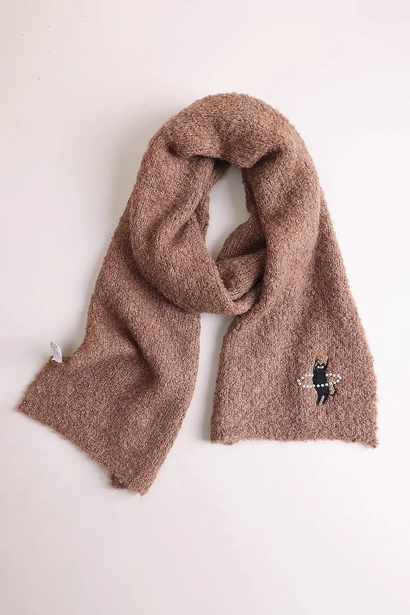 Fluffy Handmade Wool Blend Boucle Knitted Scarf with Cute Cat