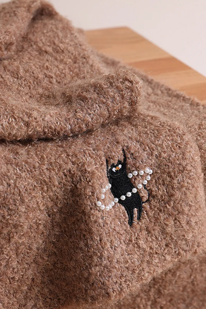 Fluffy Handmade Wool Blend Boucle Knitted Scarf with Cute Cat