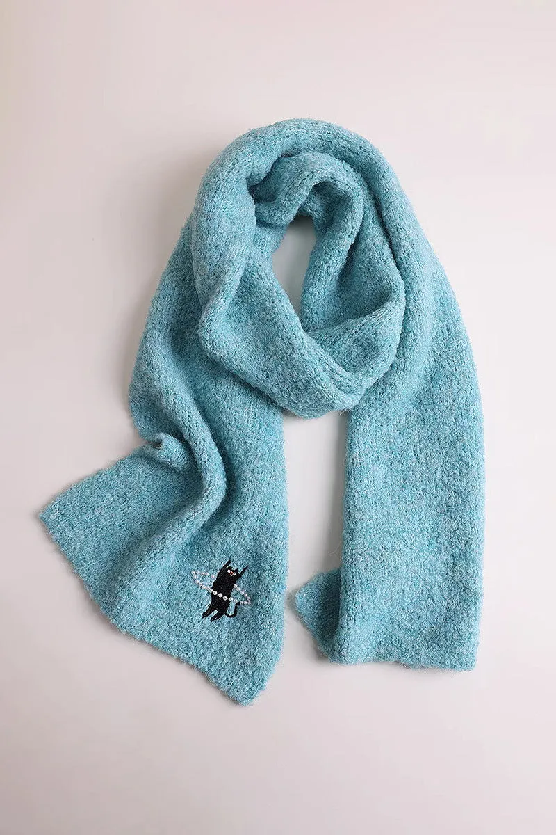 Fluffy Handmade Wool Blend Boucle Knitted Scarf with Cute Cat