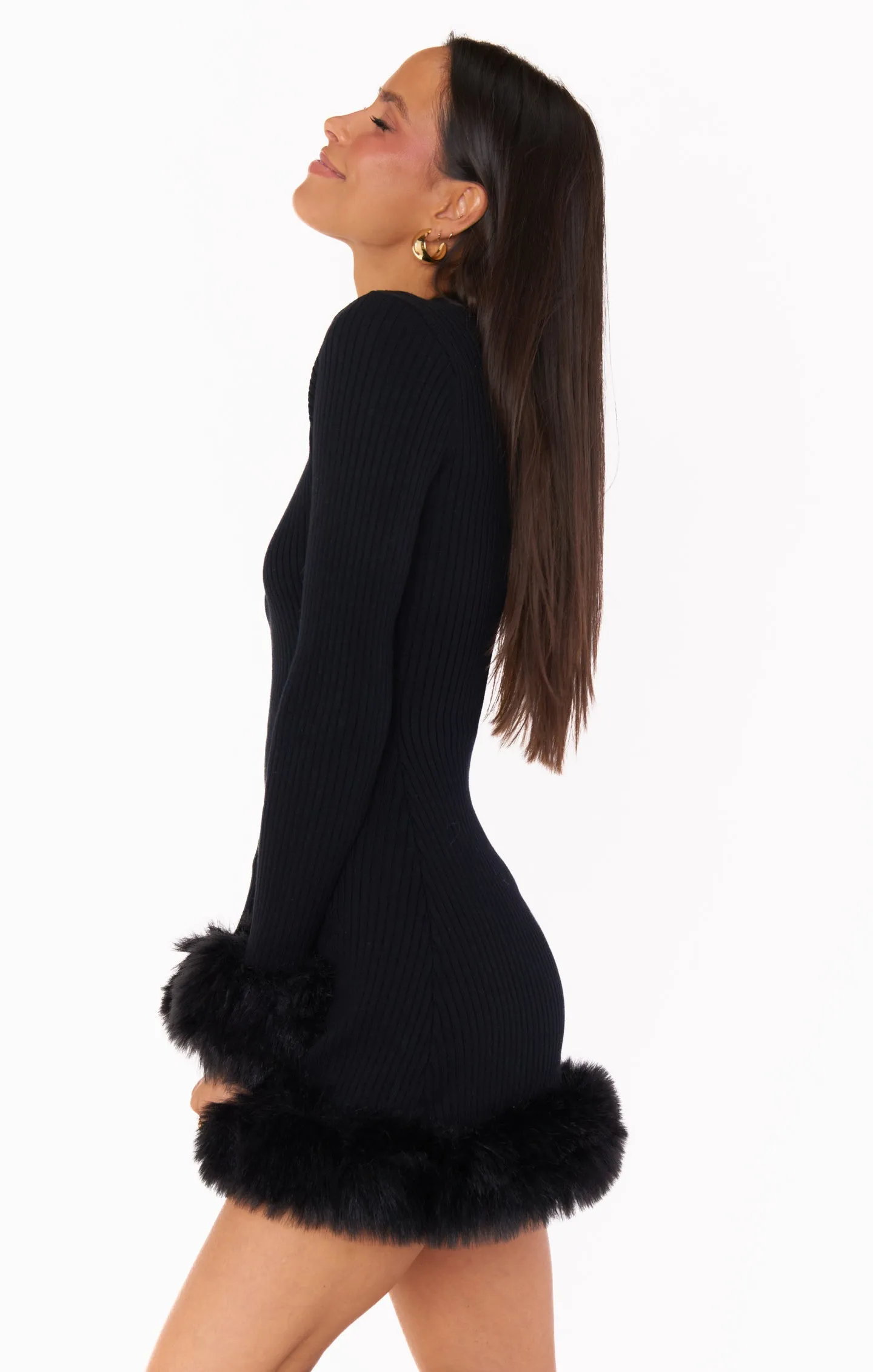 Fran Mini Dress ~ Black Knit with Faux Fur