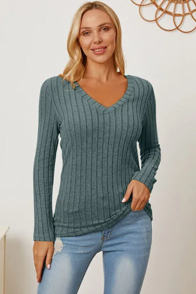 Full Size Ribbed V-Neck Long Sleeve T-Shirt