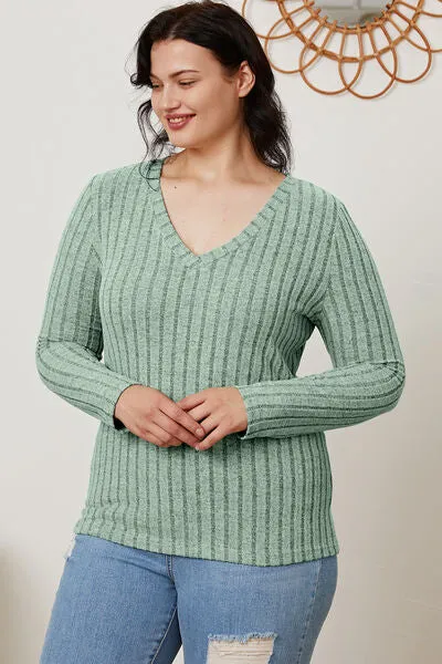 Full Size Ribbed V-Neck Long Sleeve T-Shirt