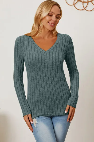 Full Size Ribbed V-Neck Long Sleeve T-Shirt