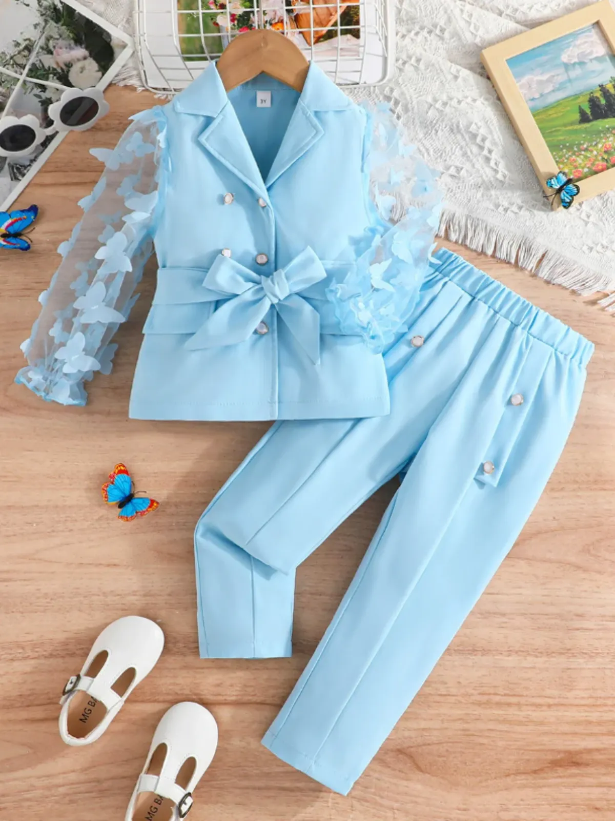 Girls Butterfly Sleeve Blazer Top and Pants Set