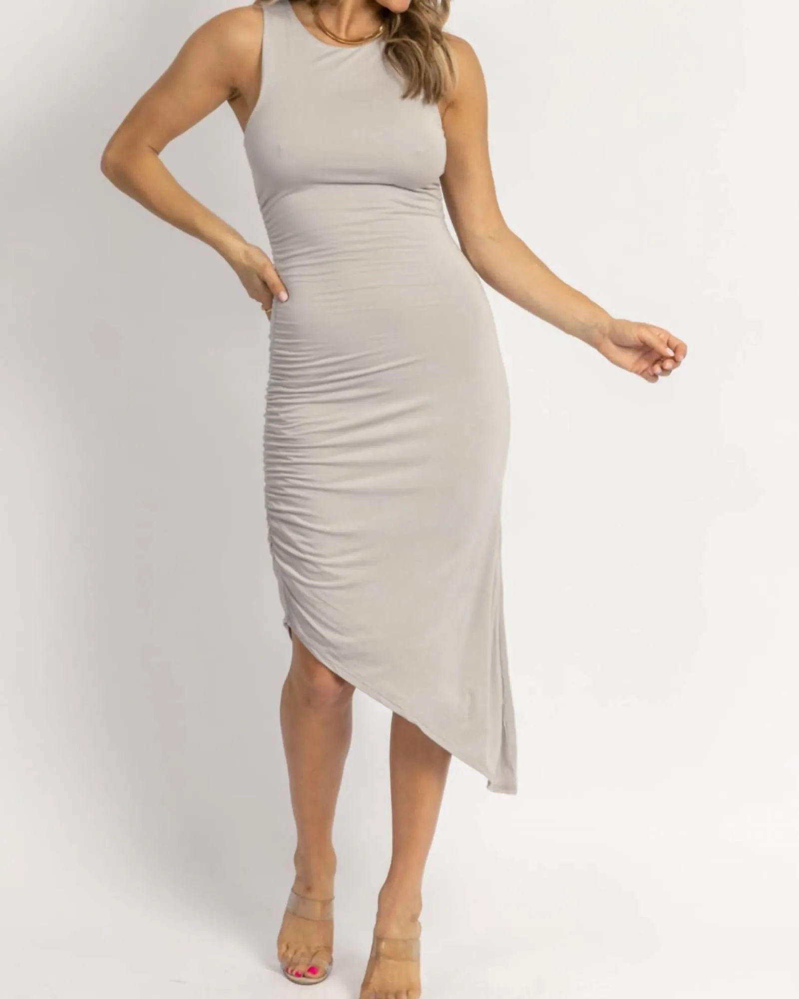 Glacier Side Ruched Midi Dress In Grey | Grey