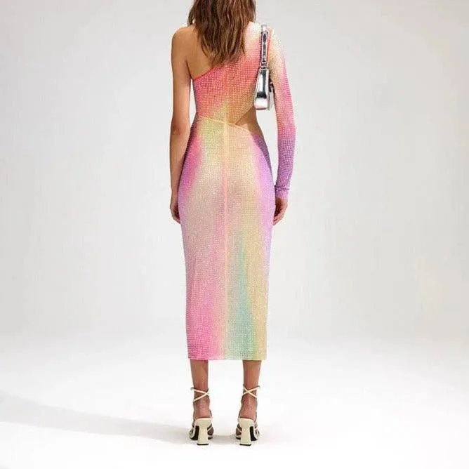 Glenda One Shoulder Cut Out Rainbow Midi Dress