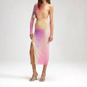 Glenda One Shoulder Cut Out Rainbow Midi Dress