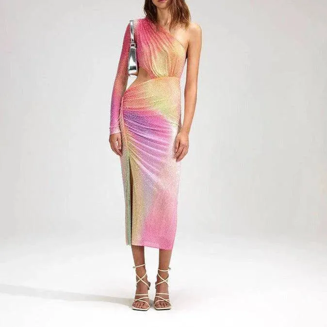 Glenda One Shoulder Cut Out Rainbow Midi Dress