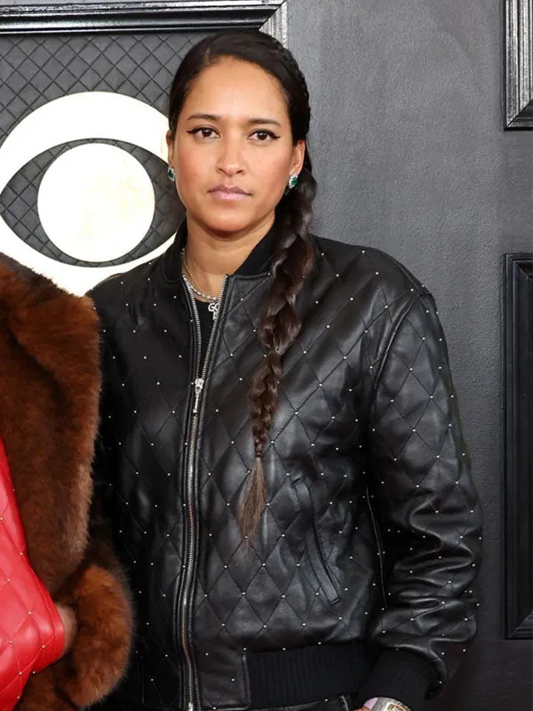 Grammys Awards 2023 Helen Lasichanh Black Leather Tracksuit