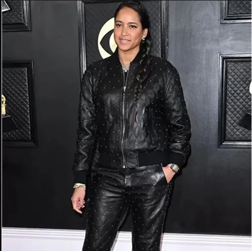 Grammys Awards 2023 Helen Lasichanh Black Leather Tracksuit