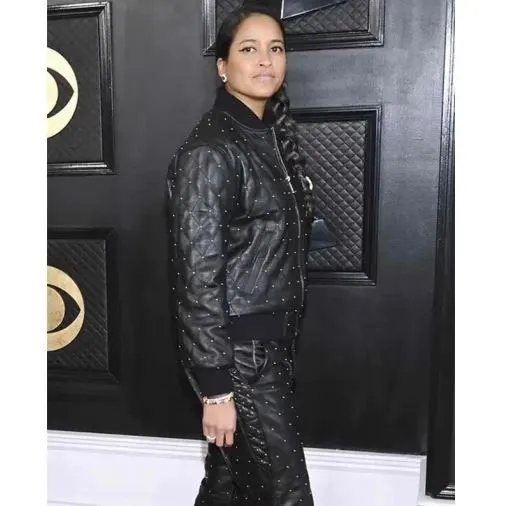 Grammys Awards 2023 Helen Lasichanh Black Leather Tracksuit