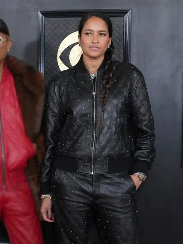 Grammys Awards 2023 Helen Lasichanh Black Leather Tracksuit