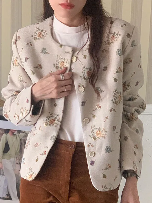 Heavy Embroidered Gold Foil Retro Round Neck Blazer