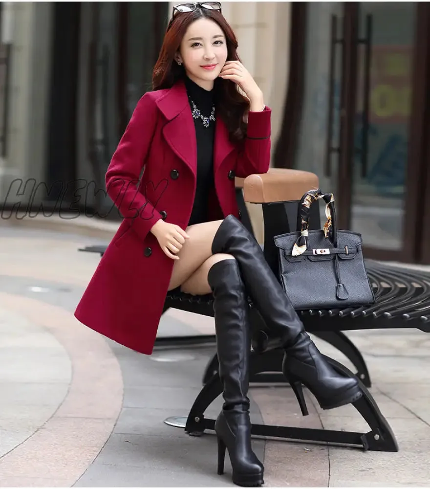 Hnewly Women Wool Blend Warm Long Coat Autumn Winter Plus Size Female Slim Fit Lapel Woolen Overcoat Cashmere Outerwear