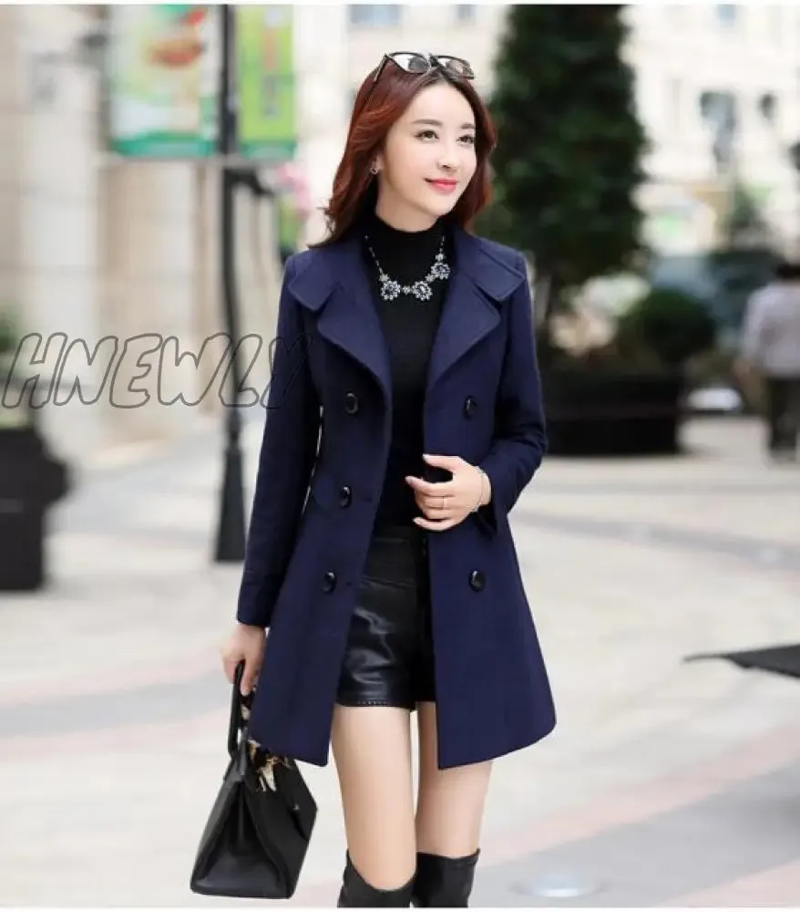 Hnewly Women Wool Blend Warm Long Coat Autumn Winter Plus Size Female Slim Fit Lapel Woolen Overcoat Cashmere Outerwear