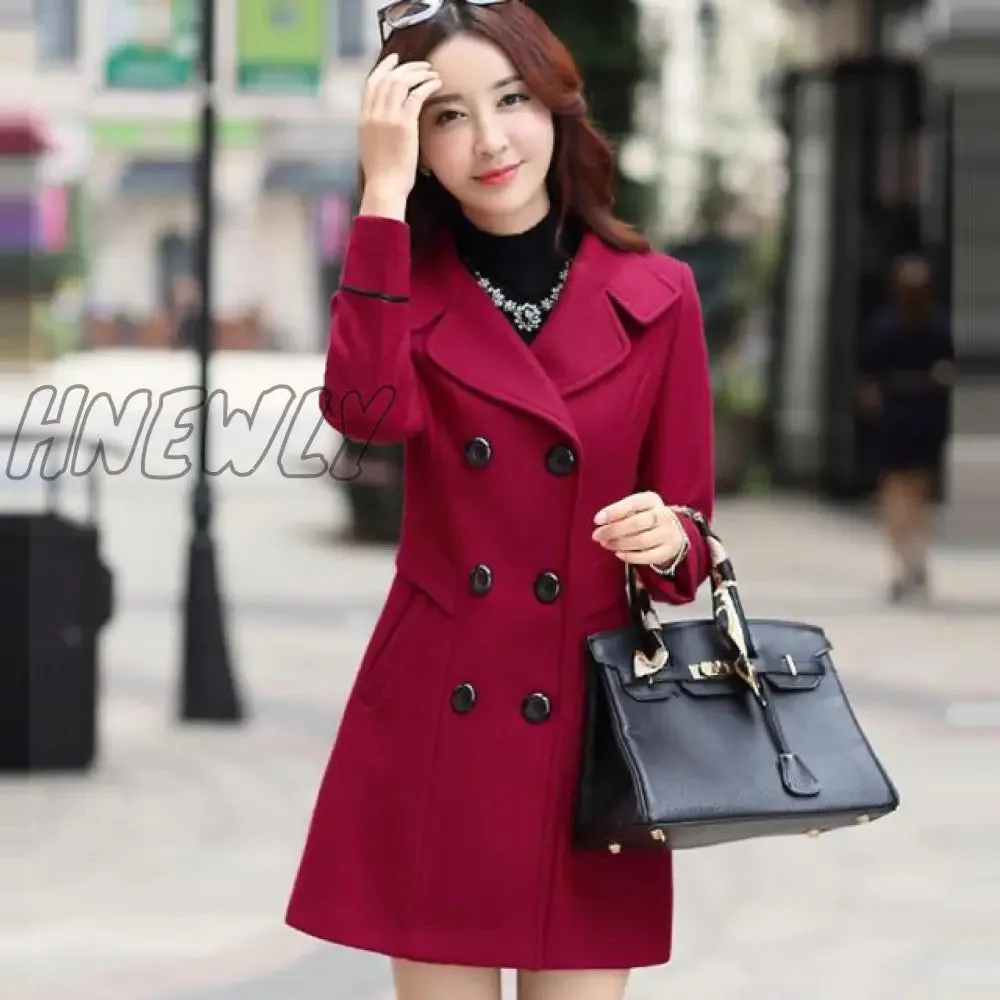 Hnewly Women Wool Blend Warm Long Coat Autumn Winter Plus Size Female Slim Fit Lapel Woolen Overcoat Cashmere Outerwear