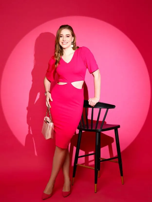 Hot Pink Elegance Crepe Waist Cut Bodycon Dress