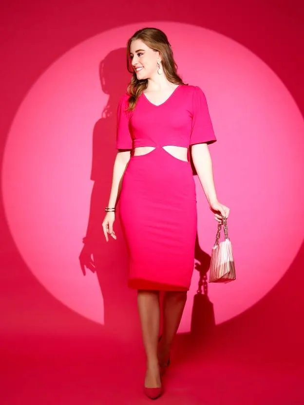 Hot Pink Elegance Crepe Waist Cut Bodycon Dress